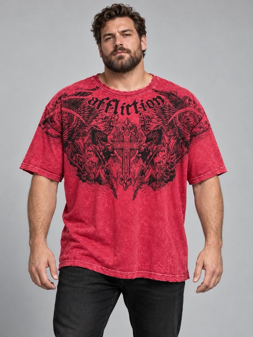 Affliction Shirt Men 3XL Red Mineral Wash Grim Reaper Cross Graphic Tee Goth Y2K
